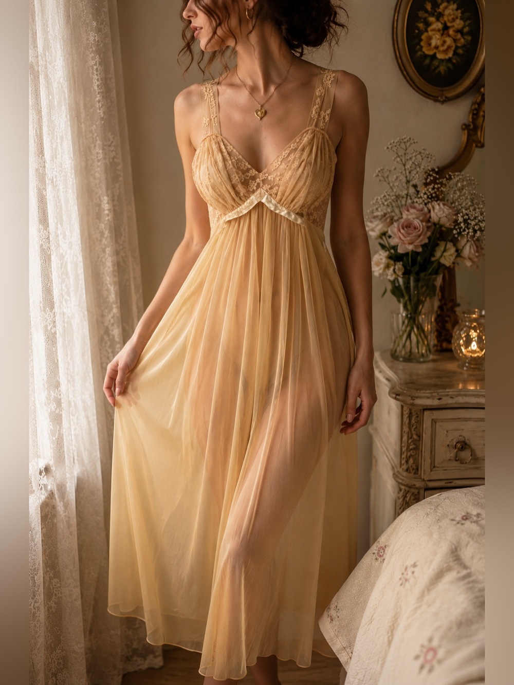 Vintage Vanity Fair 32 Champagne‎ Nylon Lace Peignoir Nightgown Chemise Sheer
